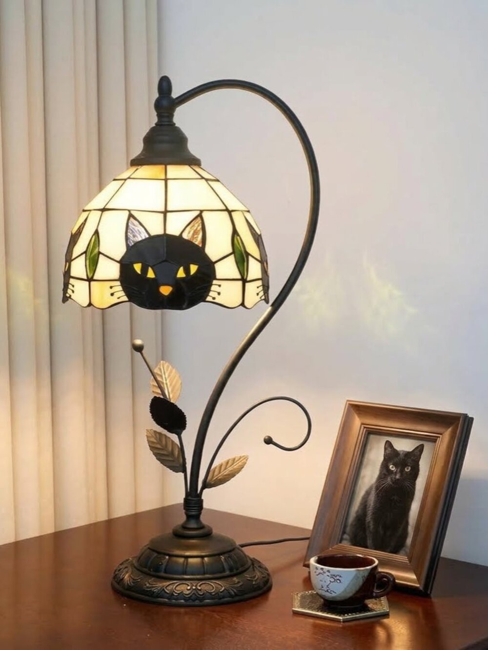 Tiffany Style Black Cat Stained Glass Table Lamp Leaf Base Desk Night Light 19"